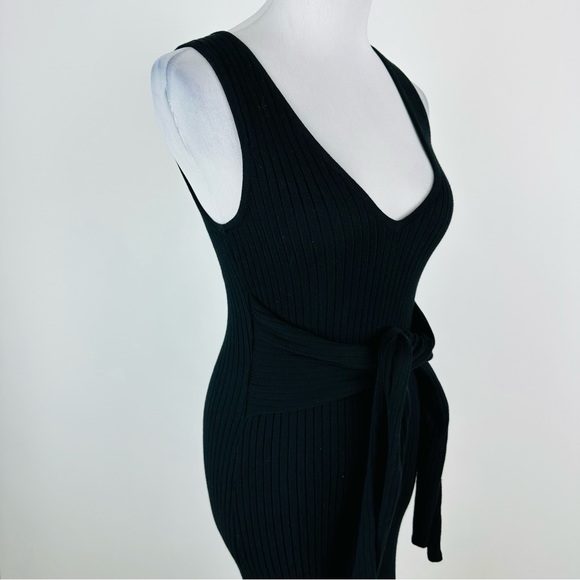 Good American Black Bodycon Ribbed Knit Tie Waist Midi Dress Size 1 Small - Picture 5 of 11
